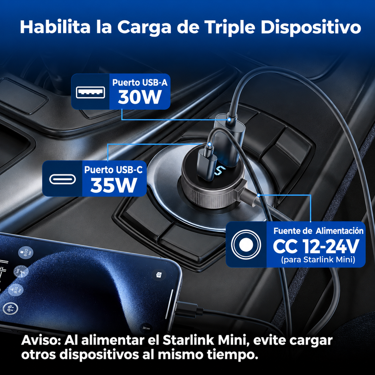 🚗 Cargador de Coche para Starlink Mini 12V–48V | Cable 3 m + USB-A/USB-C