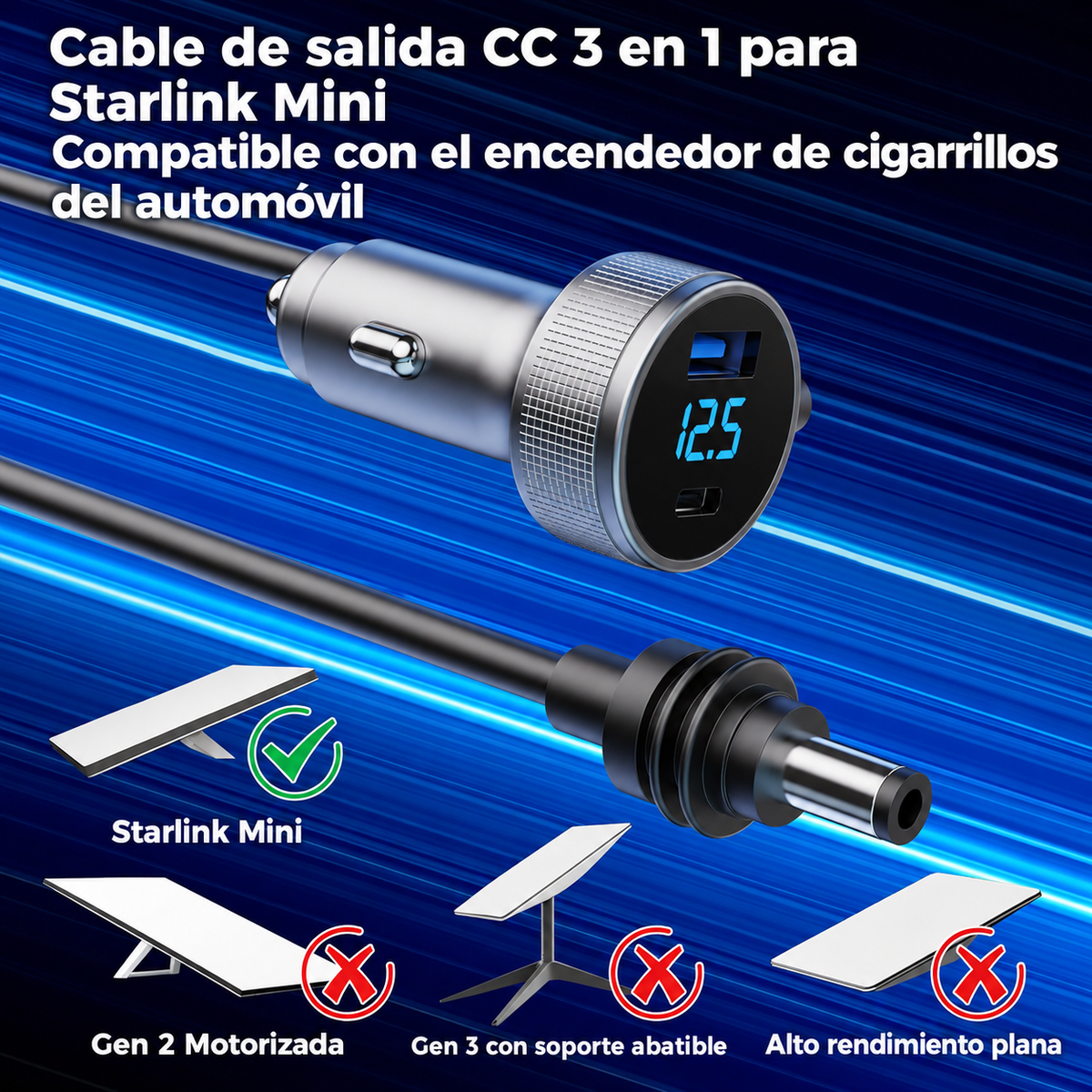🚗 Cargador de Coche para Starlink Mini 12V–48V | Cable 3 m + USB-A/USB-C