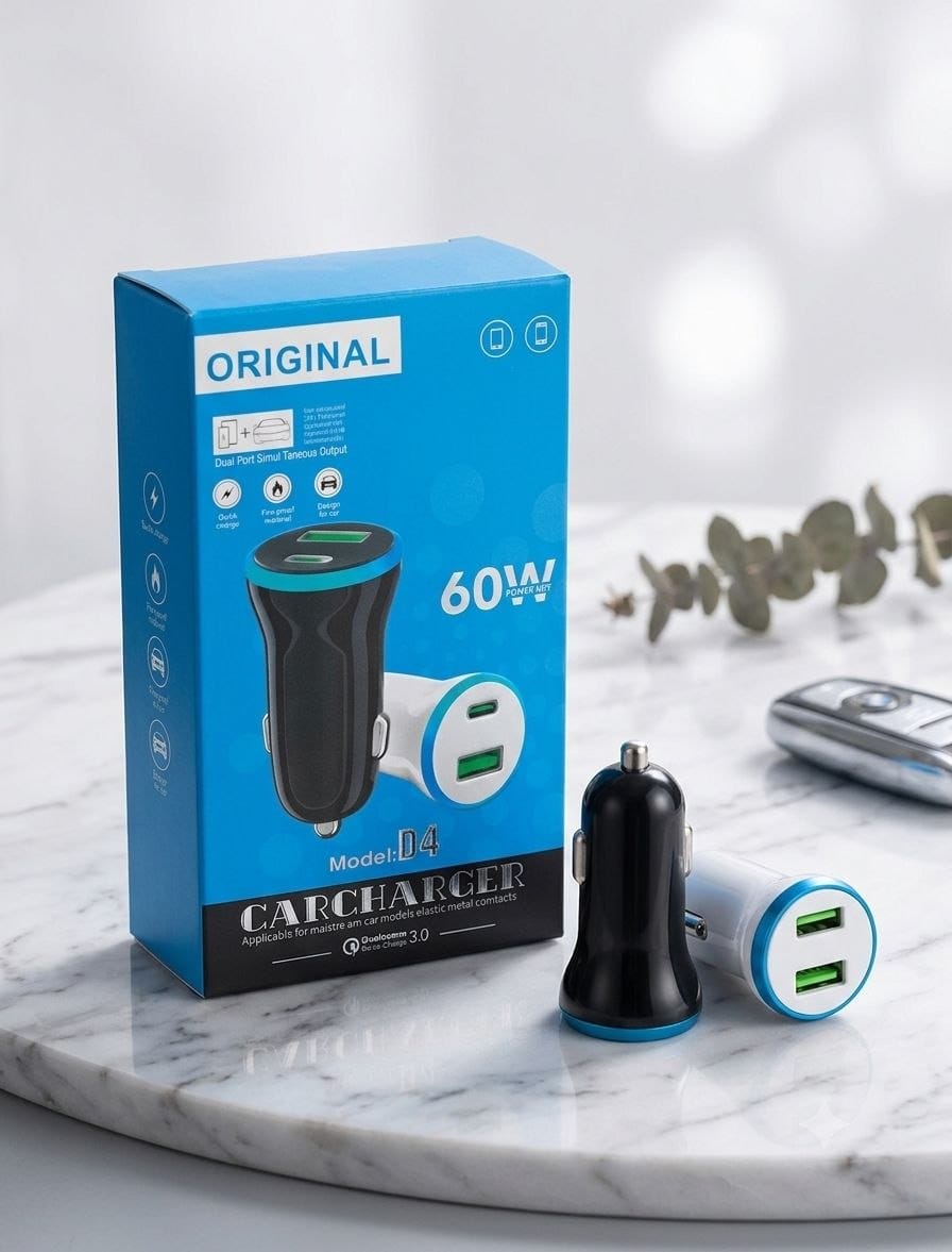 Cargador de Coche PD 60W – USB-A + USB-C con Carga Rápida